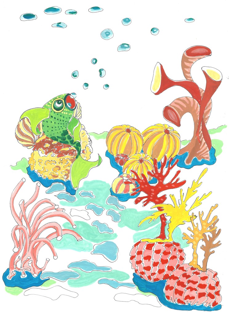 C'est une série d'illustrations à la gouache sur les poissons et les fonds marins. Des poissons aux couleurs vivres et aux formes bizarres sont peints dans des attitudes presque humaines : surpris, amoureux, détendu, inquiet... Pillustrait illustration