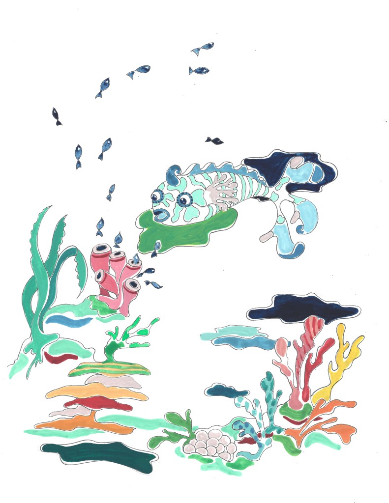 C'est une série d'illustrations à la gouache sur les poissons et les fonds marins. Des poissons aux couleurs vivres et aux formes bizarres sont peints dans des attitudes presque humaines : surpris, amoureux, détendu, inquiet... Pillustrait illustration